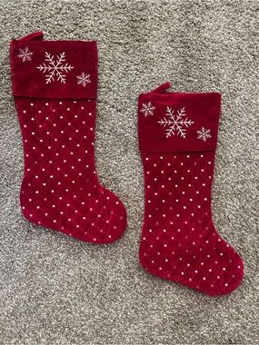 Red Velvet Christmas Stockings with Silver Snowflake Accents - Set of 2
